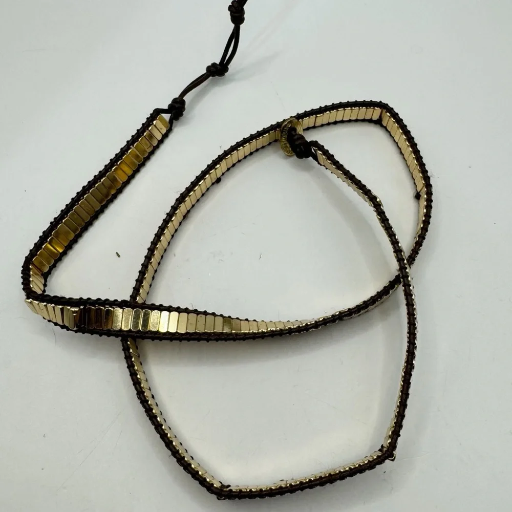 Marlyn Schiff gold tone bar bead brown leather wrap bracelet